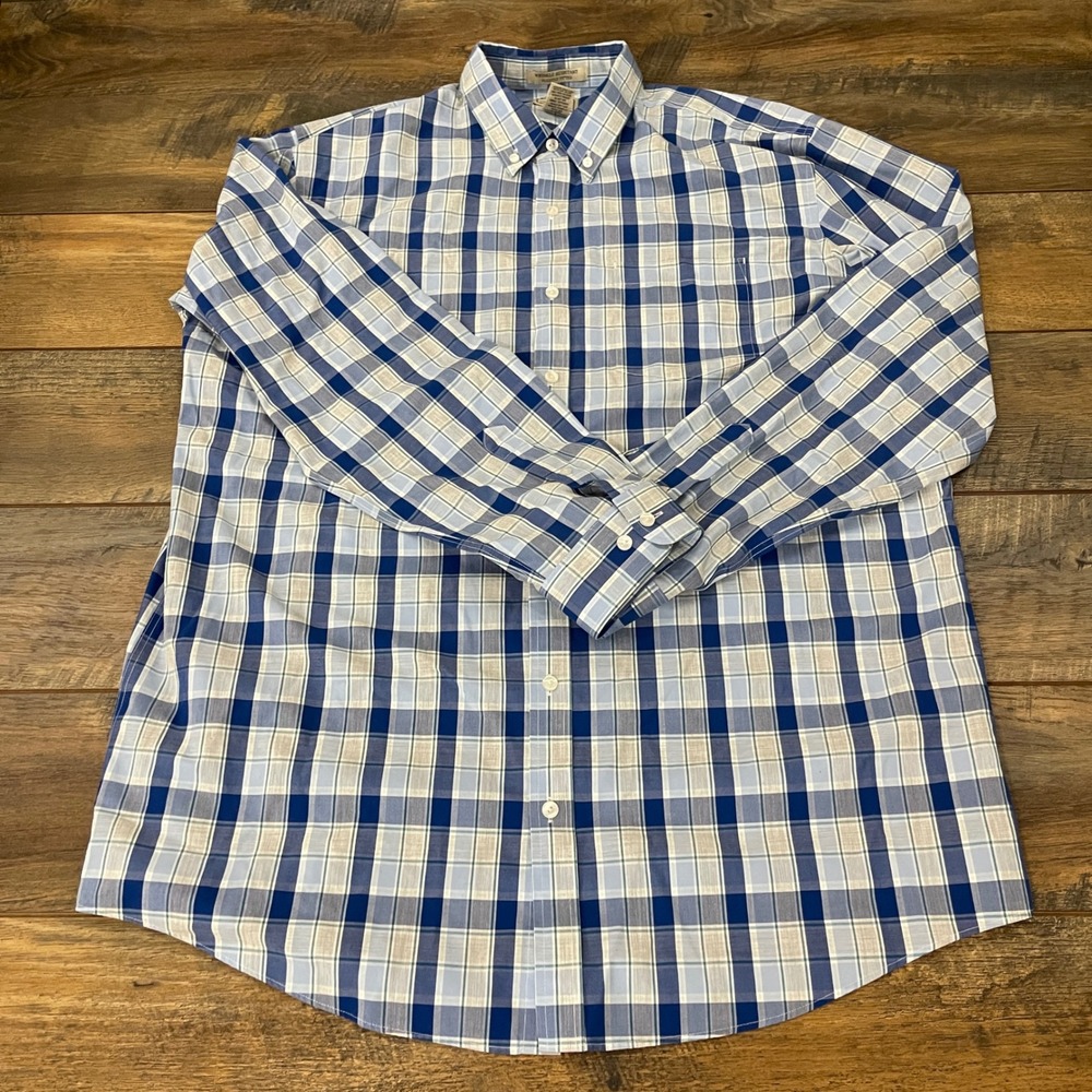 LL Bean Mens XL Tall Blue Plaid Wrinkle Resistant Slightly Fitted Shirt Cotton